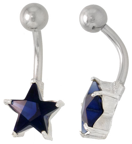 Star Belly Button Ring with Blue Sapphire Cubic Zirconia on Sterling Silver Setting