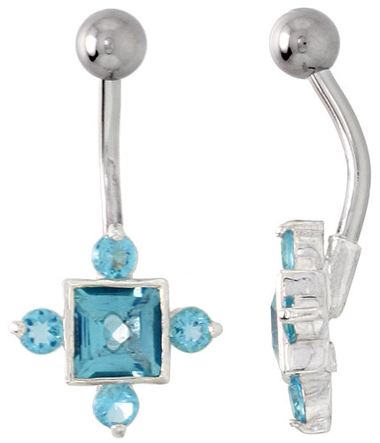 Fancy Star Belly Button Ring with Blue Topaz Cubic Zirconia on Sterling Silver Setting