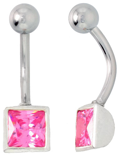 Belly Button Ring with Pink Princess Cut Cubic Zirconia on Sterling Silver Setting