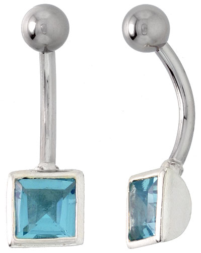 Belly Button Ring with Blue Topaz Princess Cut Cubic Zirconia on Sterling Silver Setting