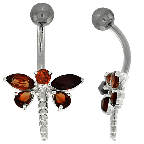 Dragonfly Belly Button Ring with Orange Cubic Zirconia on Sterling Silver Setting
