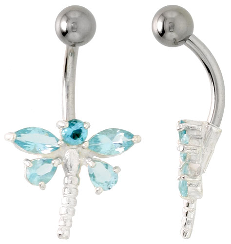 Dragonfly Belly Button Ring with Blue Topaz Cubic Zirconia on Sterling Silver Setting