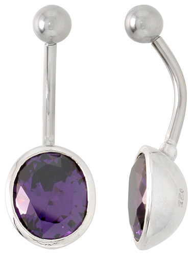 Large Oval Belly Button Ring with Amethyst Cubic Zirconia on Sterling Silver Setting