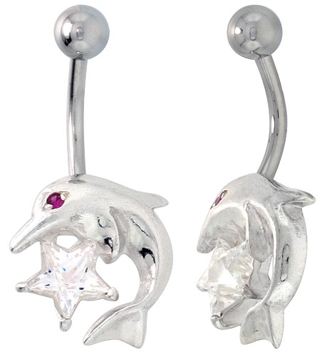 Dolphins Belly Button Ring with Clear Cubic Zirconia on Sterling Silver Setting