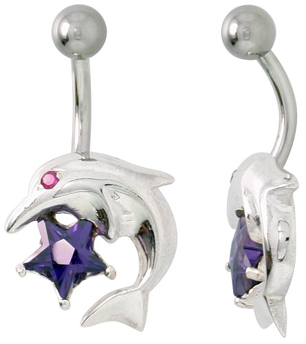 Dolphins Belly Button Ring with Amethyst Cubic Zirconia on Sterling Silver Setting
