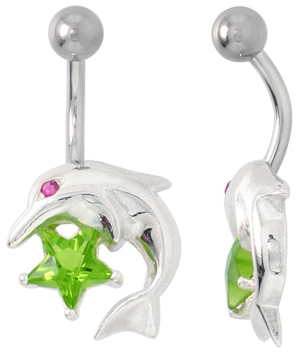 Dolphins Belly Button Ring with Emerald Cubic Zirconia on Sterling Silver Setting