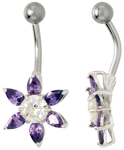 Sunflower Belly Button Ring with Amethyst Cubic Zirconia on Sterling Silver Setting