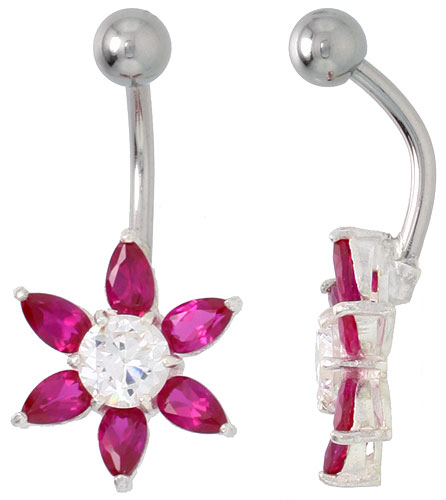 Sunflower Belly Button Ring with Ruby Red Cubic Zirconia on Sterling Silver Setting