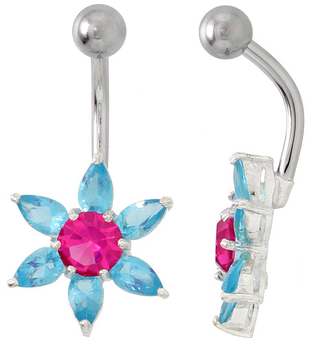 Sunflower Belly Button Ring with Blue Topaz Cubic Zirconia on Sterling Silver Setting