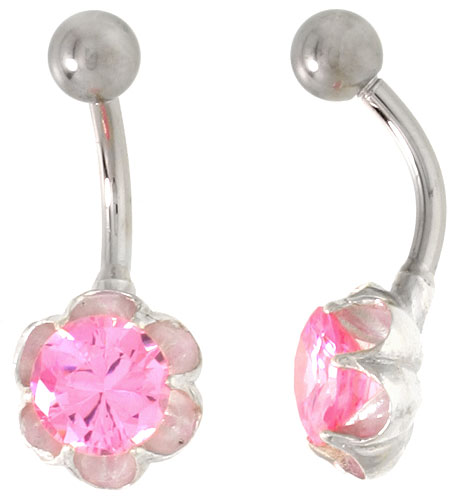 Flower Belly Button Ring with Pink Cubic Zirconia on Sterling Silver Setting
