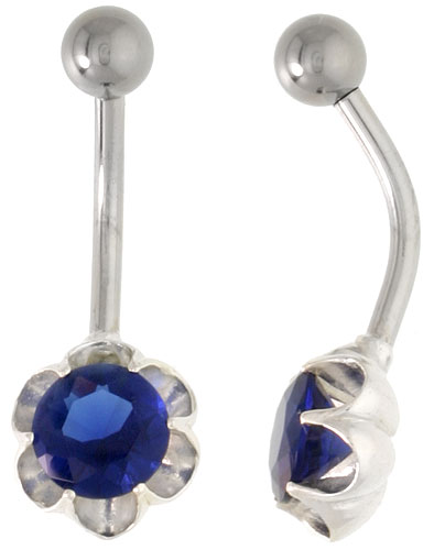 Flower Belly Button Ring with Blue Sapphire Cubic Zirconia on Sterling Silver Setting