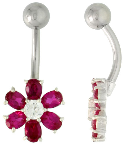 Flower Belly Button Ring with Ruby Red Cubic Zirconia on Sterling Silver Setting