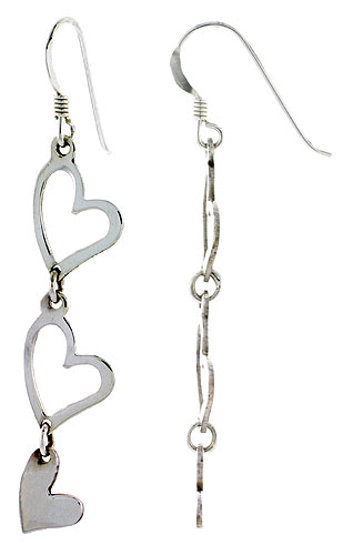Sterling Silver Graduated Hearts French Ear Wire Dangle Earrings, 2 1/4" (57 mm) tall