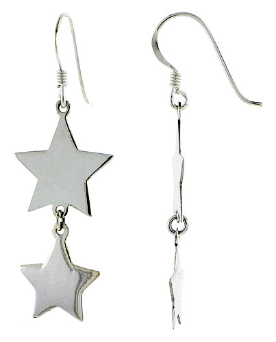 Sterling Silver Double Star French Ear Wire Dangle Earrings, 1 3/4" (45 mm) tall