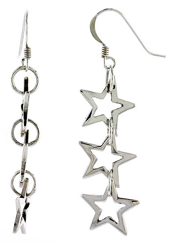 Sterling Silver Triple Star Cut Outs French Ear Wire Dangle Earrings, 2" (50 mm) tall