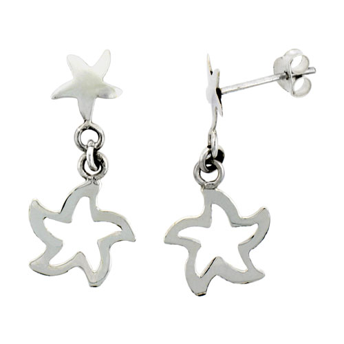 Sterling Silver Starfish Cut Out Dangle Earrings, 1 1/8" (28 mm) tall