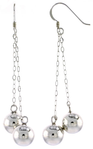 Sterling Silver Double Ball French Ear Wire Dangle Earrings, 2 1/2" (63 mm) tall