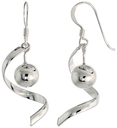 Sterling Silver Spiral Drop w/ 8mm Ball Dangle Earrings, 1" (25 mm) tall