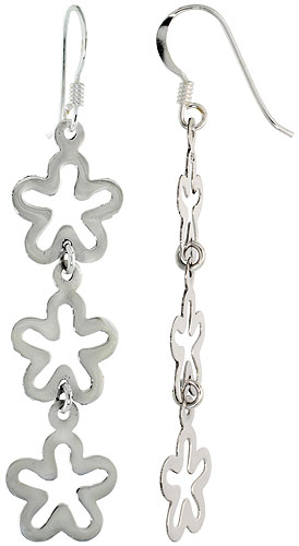 Sterling Silver Triple Flower Drop Dangle Earrings, 1 3/4" (45 mm) tall