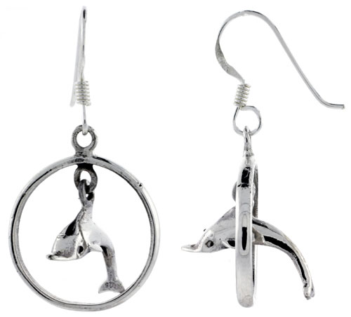 Sterling Silver Dolphin-thru-Hoop Earrings 13/16 inch