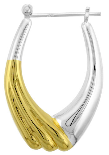 Sterling Silver Snap-down-post Hoop Earrings, w/ 2-Tone Gold Plate Accent, 1 3/8" (34 mm) tall