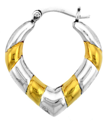 Sterling Silver Snap-down-post Hoop Earrings, w/ 2-Tone Gold Plate Accent, 1" (25 mm) tall