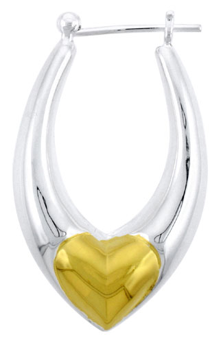 Sterling Silver Snap-down-post Hoop Heart Earrings, w/ Gold Plated Heart Accent, 1 7/16" (36 mm) tall