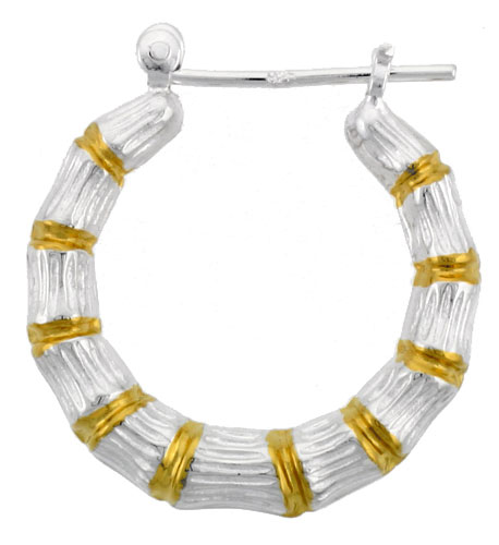 Sterling Silver Snap-down-post Bamboo Hoop Earrings, w/ 2-Tone Gold Plate Accent, 1" (26 mm) tall