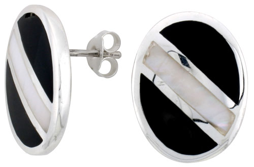 Sterling Silver Oval Shell Earrings, w/ Black & White Mother of Pearl inlay, 3/4" (20 mm) tall