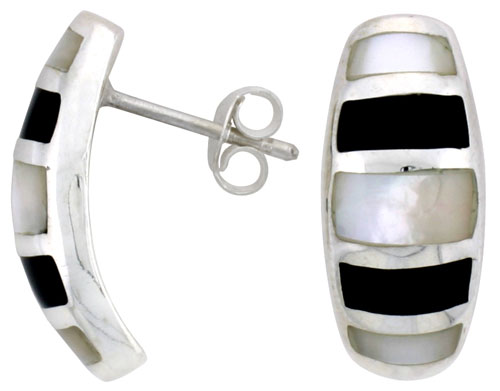 Sterling Silver Striped Oval Post Shell Earrings, w/ Black & White Shell Inlay , 13/16" (21 mm) tall