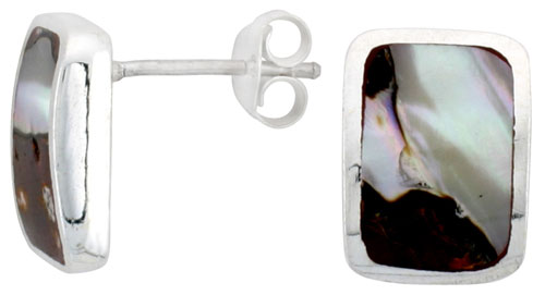 Sterling Silver Rectangular Post Shell Earrings, w/ Brown & White Mother of Pearl inlay, 1/2" (13 mm) tall