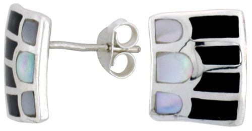 Sterling Silver Striped Rectangular Post Shell Earrings, w/ Black & White Mother of Pearl inlay, 1/2" (12 mm) tall