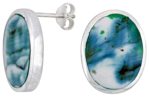 Sterling Silver Oval Post Shell Earrings, w/ Blue-Green Mother of Pearl inlay, 13/16" (21 mm) tall