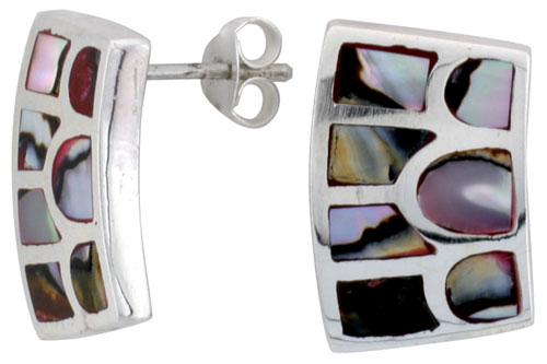 Sterling Silver Rectangular Post Shell Earrings, w/ Colorful Mother of Pearl inlay, 3/4" (19 mm) tall
