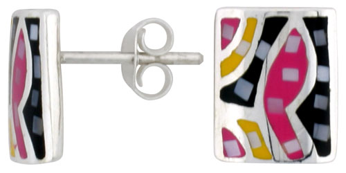 Sterling Silver Rectangular Post Shell Earrings, w/ Colorful Mother of Pearl inlay, 1/2" (12 mm) tall