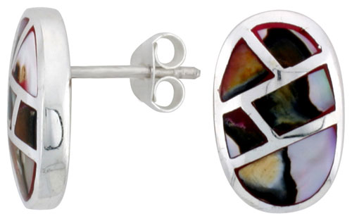 Sterling Silver Oval Post Shell Earrings, w/ Colorful Mother of Pearl inlay, 5/8" (16 mm) tall