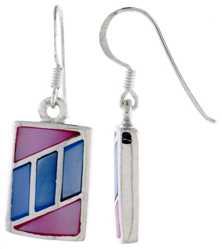 Sterling Silver Rectangular Shell Earrings, w/ Pink & Blue Mother of Pearl inlay, 1 1/4" (32 mm) tall