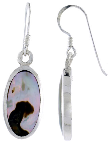 Sterling Silver Oval Shell Earrings, w/ Brown Mother of Pearl inlay, 1 7/16" (37 mm) tall