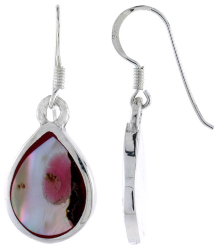 Sterling Silver Pear-shaped Shell Earrings, w/ Brown Mother of Pearl inlay, 1 3/8" (35 mm) tall