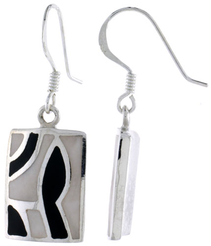 Sterling Silver Rectangular Shell Earrings, w/ Black & White Mother of Pearl inlay, 1 1/4" (32 mm) tall