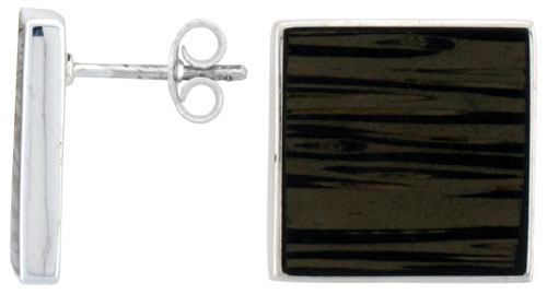 Sterling Silver Square Post Earrings, w/ Ancient Wood Inlay, 5/8" (16 mm) tall