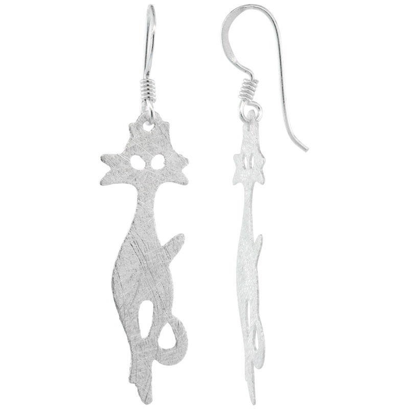 Sterling Silver Frosted Finish Dangle Cat Earrings, 1 11/16 (43 mm) tall