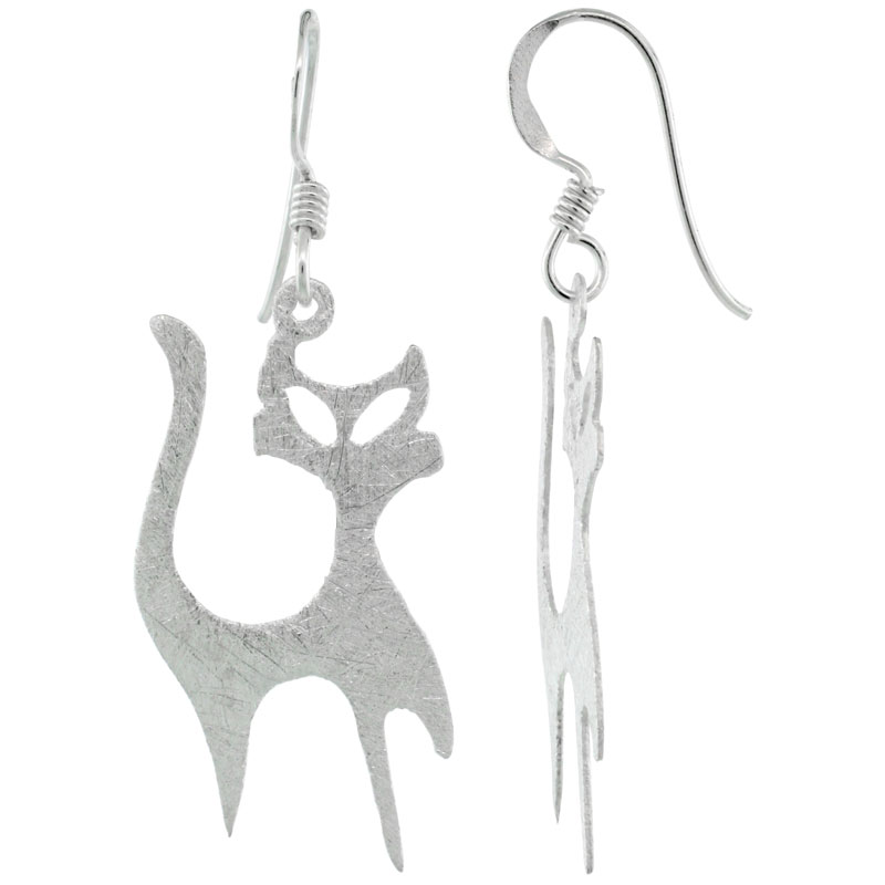 Sterling Silver Frosted Finish Dangle Cat Earrings, 1 9/16 (39 mm) tall