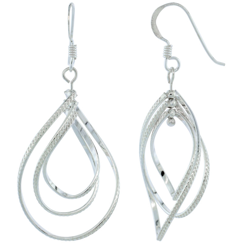 Sterling Silver Curvy Pear Cut Outs w/ Diamond Cut Dangle Earrings, 1 3/4 (45 mm) tall