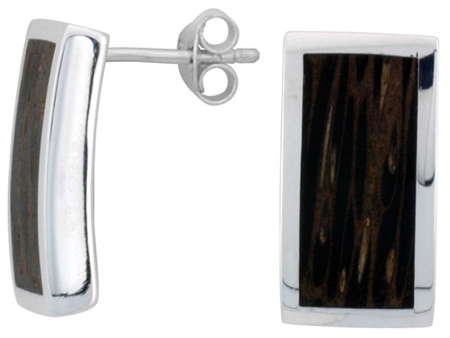 Sterling Silver Rectangular Post Earrings, w/ Ancient Wood Inlay, 11/16" (18 mm) tall