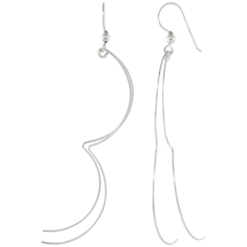 Sterling Silver Curvy Wires Half Hoop Dangle Earrings, 2 7/8 (73 mm) tall