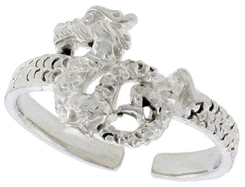 Sterling Silver Chinese Dragon Adjustable (Size 3 to 6) Toe Ring / Kid's Ring, 3/8 in. (10 mm) wide