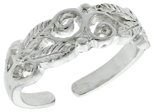 Sterling Silver Swirls & Leaves Adjustable (Size 3.5 to 6.5) Toe Ring / Kid's Ring, 1/4 in. (6 mm) wide