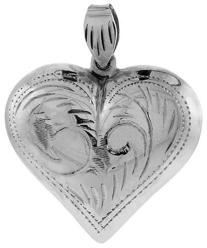 Sterling Silver Hand Engraved Very Large 1 1/4" Hollow Puffed Heart, with 18" Box chain.
