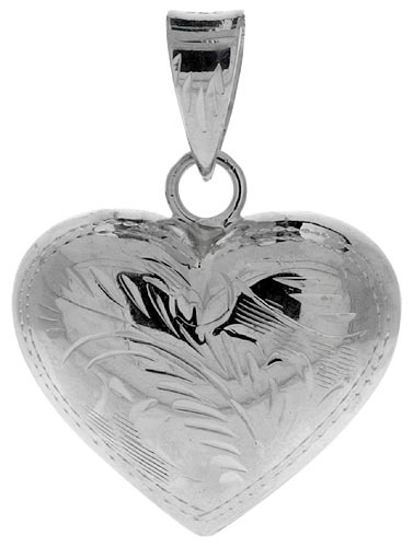 Sterling Silver Hand Engraved Large 1" Hollow Puffed Heart, with 18" Box chain.